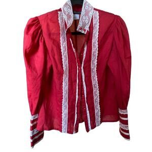 Vintage regency core High Neck Lace Ruffle Blouse Red P.T.G & Co Size 9